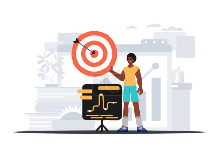 Illustration for The Guy holds in his hand a target with arrow that hit the condense . digital overlie concept. Trendy style, Vector Illustration - Royalty Free Image