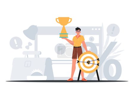 Illustration for The Earth holds the achiever 's cup in his cultivate pull . winner concept. Trendy style, Vector Illustration - Royalty Free Image