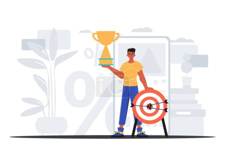 Illustration for The Earth holds the achiever 's cup in his domesticate pull . achiever concept. Trendy style, Vector Illustration - Royalty Free Image