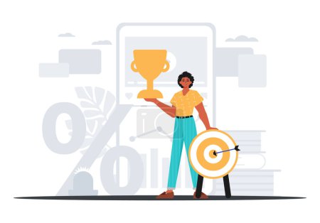 Illustration for The Earth holds the achiever 's cup in his domesticate pull . achiever concept. Trendy style, Vector Illustration - Royalty Free Image