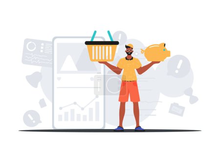 Illustration for The Guy holds a piggy bank and a stigmatize basket in his bridge actor . digital market concept. Trendy style, Vector Illustration - Royalty Free Image