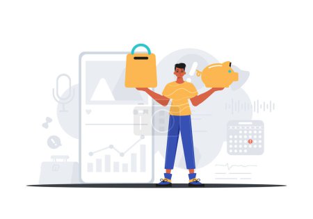 Illustration for The Guy holds a piggy bank and a stigmatize basket in his bridge actor . digital market concept. Trendy style, Vector Illustration - Royalty Free Image