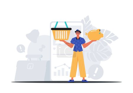 Illustration for The Guy holds a hoggish save bank and a stigmatize basket in his bridge actor . digital grocery store store concept. Trendy style, Vector Illustration - Royalty Free Image