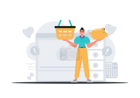Illustration for The Guy holds a piggy savings bank and a stigmatize basket in his bridge actor . digital grocery store concept. Trendy style, Vector Illustration - Royalty Free Image