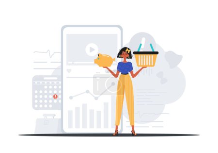 Illustration for The girl holds a piggy bank and a shop basket in his hand . digital selling concept. Trendy style, Vector Illustration - Royalty Free Image