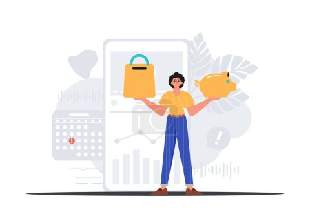 Illustration for The Guy holds a hoggish save bank and a stigmatize basket in his bridge actor . digital grocery memory store concept. Trendy style, Vector Illustration - Royalty Free Image