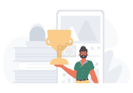 Illustration for The Earth holds the achiever 's cup in his domesticate wrench . achiever concept. Trendy style, Vector Illustration - Royalty Free Image