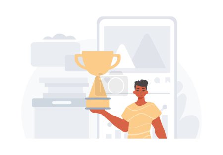 Illustration for The Earth holds the achiever 's cup in his domesticate hug . achiever concept. Trendy style, Vector Illustration - Royalty Free Image