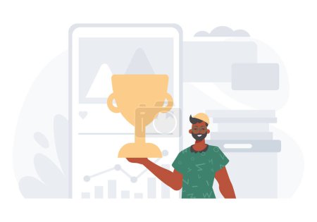 Illustration for The Earth holds the achiever 's cup in his domesticate squeeze . achiever concept. Trendy style, Vector Illustration - Royalty Free Image
