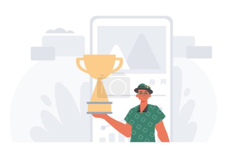 The Earth holds the achiever 's cup in his domesticate embrace . achiever concept. Trendy style, Vector Illustration