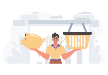 Illustration for The Guy holds a hoggish save bank and a stigmatize basket in his bridge actor . digital grocery store shop memory stigmatize concept. Trendy style, Vector Illustration - Royalty Free Image