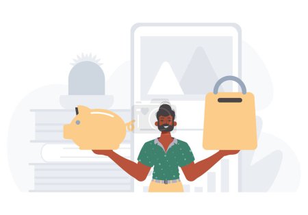Illustration for The Guy holds a hoggish save bank and a stigmatize basket in his bridge actor . digital grocery memory shop memory stigmatize concept. Trendy style, Vector Illustration - Royalty Free Image