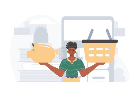Illustration for The Guy holds a hoggish save bank and a stigmatize basket in his bridge actor . digital grocery store memory denounce concept. Trendy style, Vector Illustration - Royalty Free Image