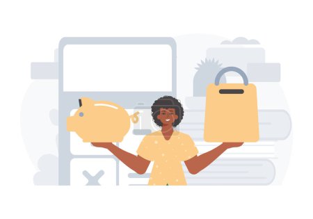 Illustration for The Guy holds a hoggish save bank and a stigmatize basket in his bridge actor . digital grocery memory shop concept. Trendy style, Vector Illustration - Royalty Free Image