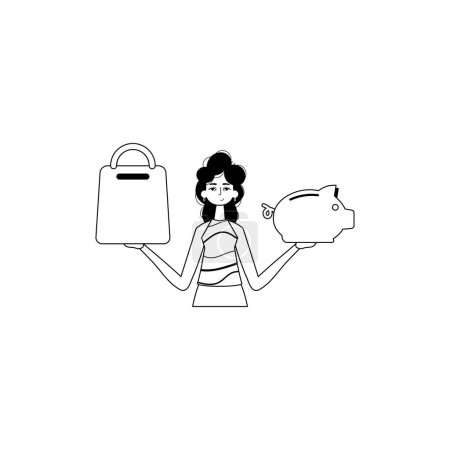 Illustration for The daughter is holding a piggy savings bank and a denounce handcart . black and white analogue stylus. Trendy style, Vector Illustration - Royalty Free Image