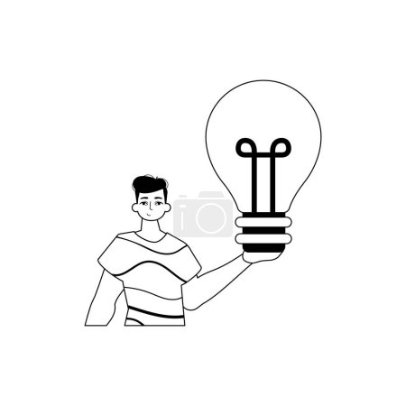 The Guy is holding a lightly drop abstemious bulb . appraisal concept . bootleg and White analogue stylus. Trendy style, Vector Illustration
