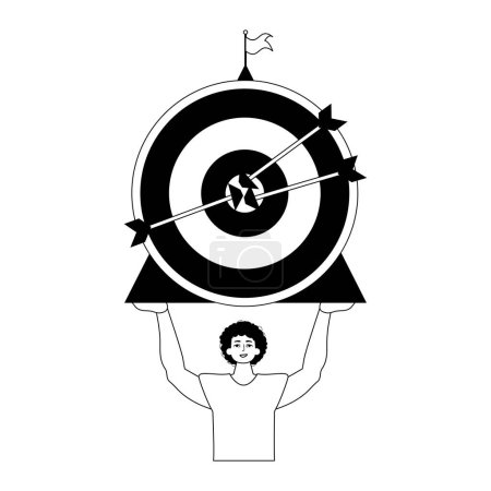 Illustration for The guy is holding a target with arrow in the plaza play field . accomplishment concept . black and white linear dash. Trendy style, Vector Illustration - Royalty Free Image