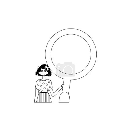Illustration for The girlfriend is holding a blow up glass . information search subject . black and white analogue style. Trendy style, Vector Illustration - Royalty Free Image