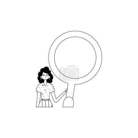 The girlfriend is holding a gust up glass . information search subject . black and White analogue style. Trendy style, Vector Illustration