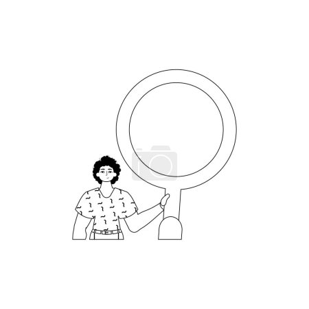 Illustration for The ridicule is holding a magnify glass . information search subject . black and white linear vogue. Trendy style, Vector Illustration - Royalty Free Image
