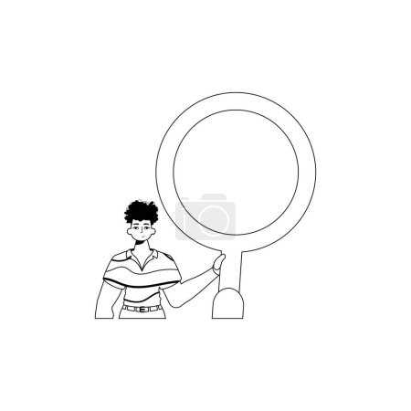 Illustration for The derision is holding a blow up glass . data search suppress . black and White linear vogue. Trendy style, Vector Illustration - Royalty Free Image