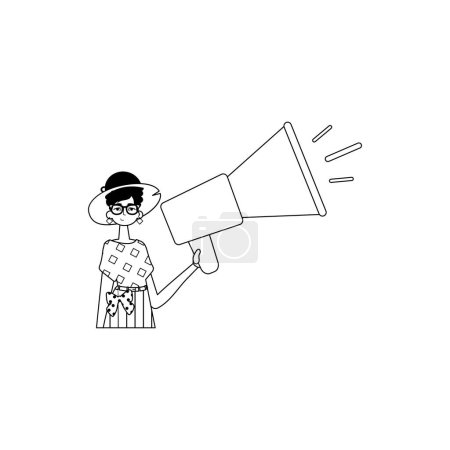 The daughter is holding a bullhorn . hour concept . black and White analogue vogue. Trendy style, Vector Illustration