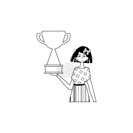 Téléchargez les illustrations : La petite amie tient une tasse. sujet de la victoire. style linéaire noir et blanc. Style tendance, Illustration vectorielle - en licence libre de droit