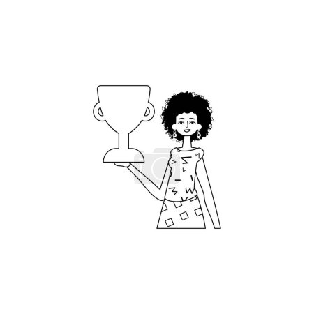 Téléchargez les illustrations : La petite amie tient une tasse. discipline de la victoire. style linéaire noir et blanc. Style tendance, Illustration vectorielle - en licence libre de droit