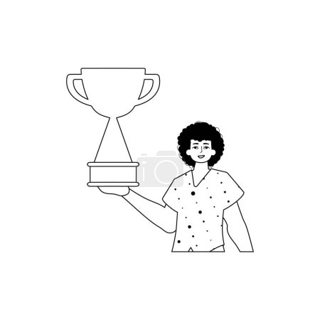 Illustration for The Guy is holding a cup . subject of victory . black and White linear style. Trendy style, Vector Illustration - Royalty Free Image