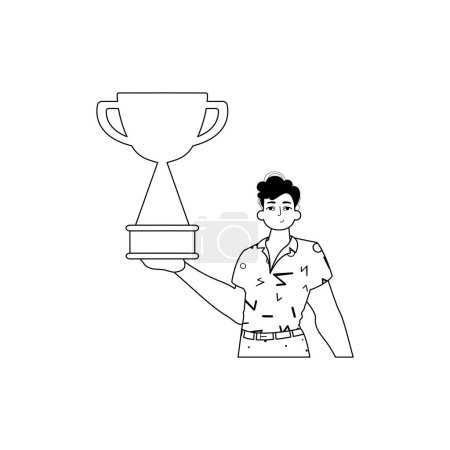 Ilustración de El tipo sostiene una taza. sujeto de victoria. estilo lineal en blanco y negro. Estilo de moda, Ilustración vectorial - Imagen libre de derechos