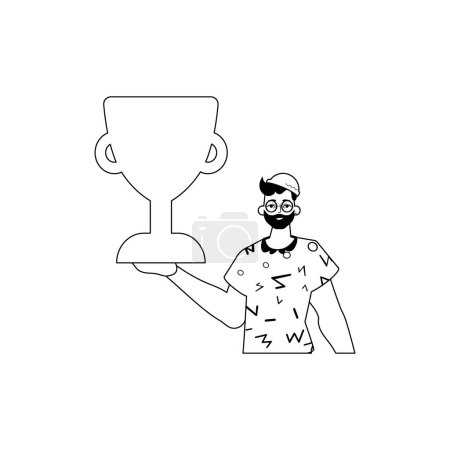 Illustration for The Guy is holding a cup . national of victory . black and whiten linear manner. Trendy style, Vector Illustration - Royalty Free Image