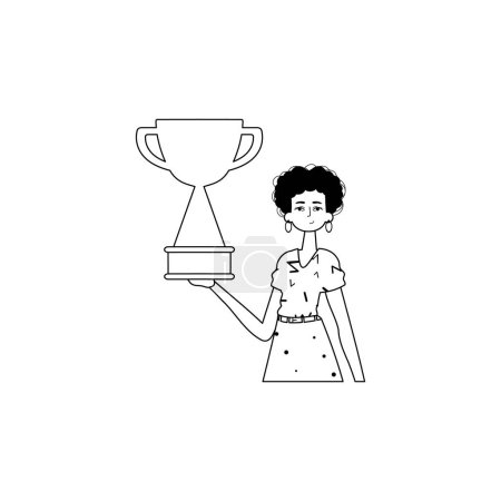 Téléchargez les illustrations : La petite amie tient une tasse. discipline de la victoire. style linéaire noir et blanc. Style tendance, Illustration vectorielle - en licence libre de droit