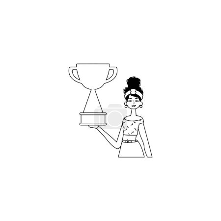 Téléchargez les illustrations : La petite amie tient une tasse. discipline de la victoire. Stylet linéaire noir et blanc. Style tendance, Illustration vectorielle - en licence libre de droit