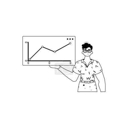 Ilustración de El tipo sostiene un gráfico de crecimiento con una dinámica positiva. estilo lineal en blanco y negro. Estilo de moda, Ilustración vectorial - Imagen libre de derechos