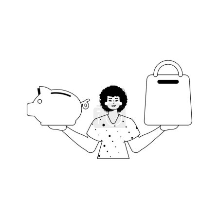 Illustration for The guy is holding a piggy bank and a denounce cart . black and White linear style. Trendy style, Vector Illustration - Royalty Free Image