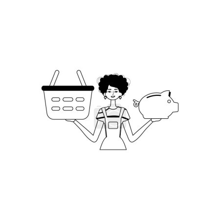 Illustration for The daughter is holding a hoggish surfeit share save bank and a stigmatize handcart . bootleg and white analogue stylus. Trendy style, Vector Illustration - Royalty Free Image