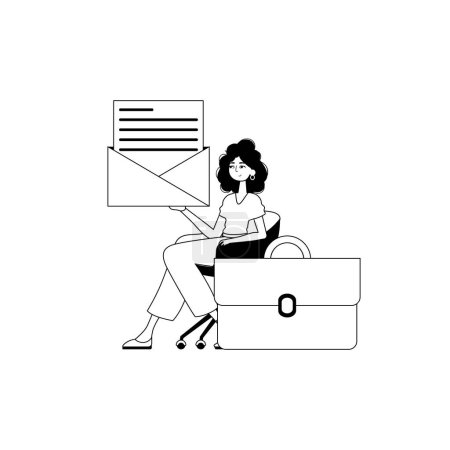 Ilustración de La chica está sosteniendo una carta. tema de mensaje crucial. estilo lineal en blanco y negro. Estilo de moda, Ilustración vectorial - Imagen libre de derechos