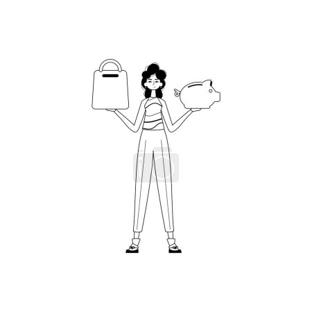 Illustration for The daughter is holding a hoggish surfeit partake save bank and a stigmatize handcart . bootleg and white analogue stylus. Trendy style, Vector Illustration - Royalty Free Image