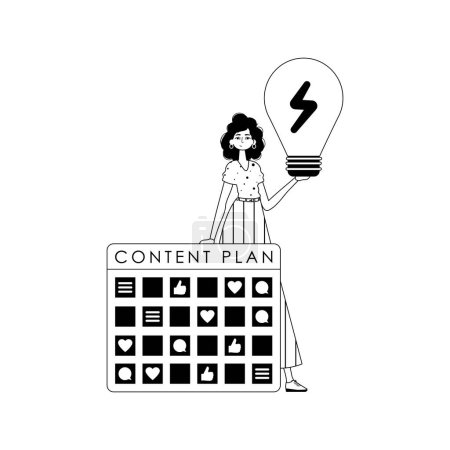 Illustration for Girl , capacity design and light bulb . subject of social network . black and White analogue style. Trendy style, Vector Illustration - Royalty Free Image