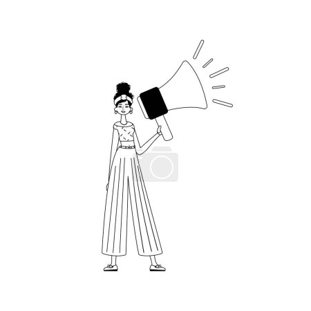Téléchargez les illustrations : La fille tient un bullhorn. concept d'heure. vogue analogique noir et blanc. Style tendance, Illustration vectorielle - en licence libre de droit