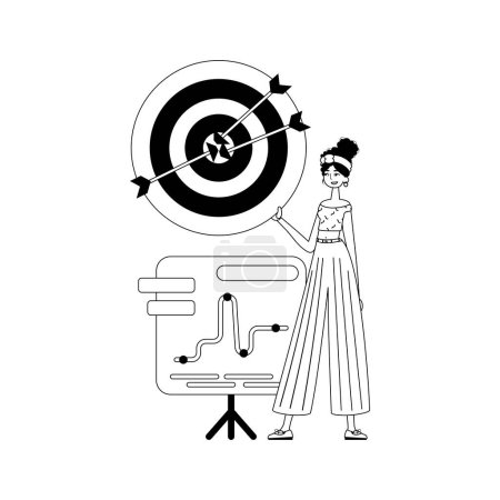 Illustration for The girlfriend with the graph . The arrow hits the raven . black and white linear vogue. Trendy style, Vector Illustration - Royalty Free Image