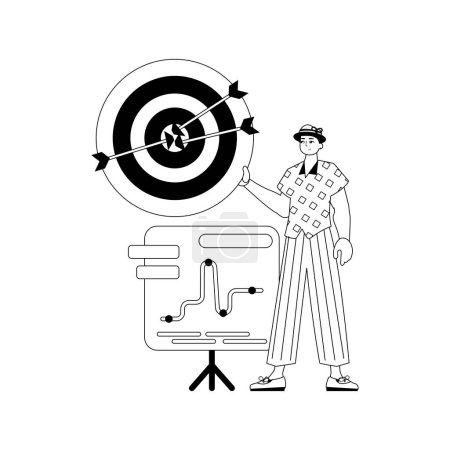 Illustration for The guy with the chart . The arrow hits the prey . black and White linear stylus. Trendy style, Vector Illustration - Royalty Free Image