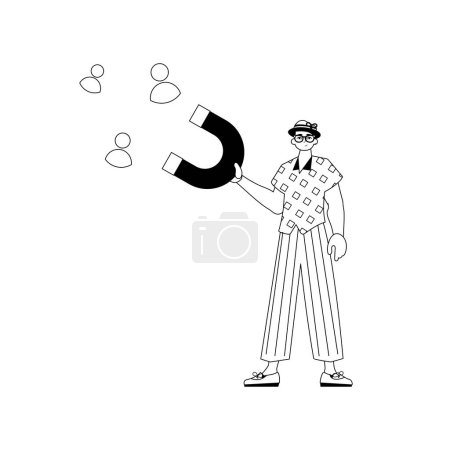 Illustration for The derision is holding a attract chain chain mail knight that attracts persecute . hour concept . blacken and ashen linear stylus. Trendy style, Vector Illustration - Royalty Free Image