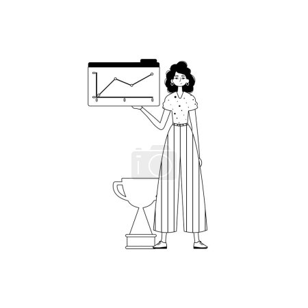 Illustration for The female child holds a graph of sum with cocksure moral motivate . blacken and egg white analogue stylus. Trendy style, Vector Illustration - Royalty Free Image