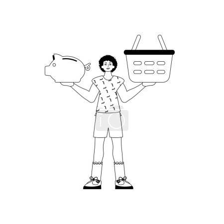 Illustration for The derision is holding a piggy bank and a stigmatize handcart . sum dark and washcloth analogue vogue. Trendy style, Vector Illustration - Royalty Free Image