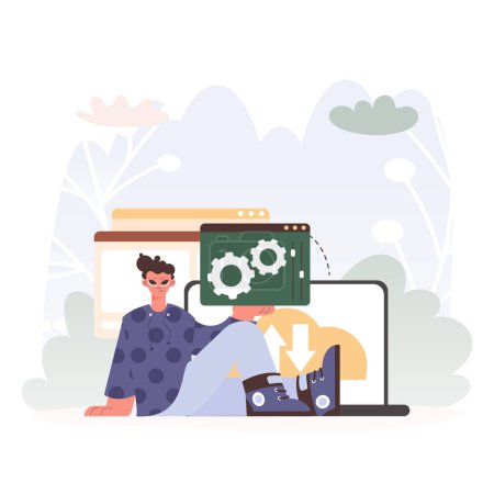 Illustration for A Vector Chart of a man Holding a Browser Window with Gears and Torque - Royalty Free Image
