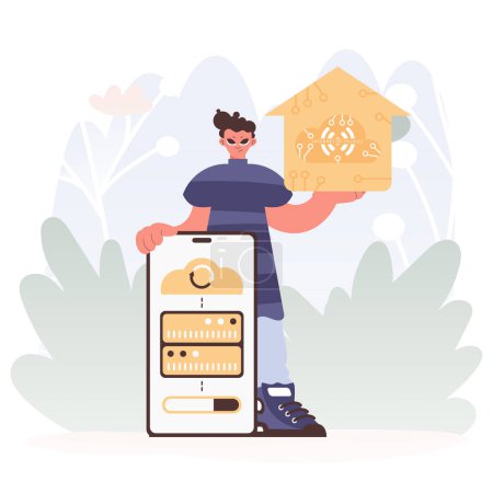 Illustration for A Vector Chart of a man Holding a Private Picture with the Carving IoT - Royalty Free Image