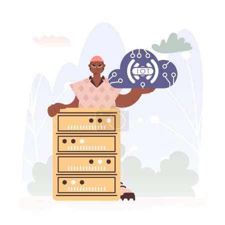 Illustration for Man Grasping the IoT Symbol In the midst of a Organize of Servers - Royalty Free Image