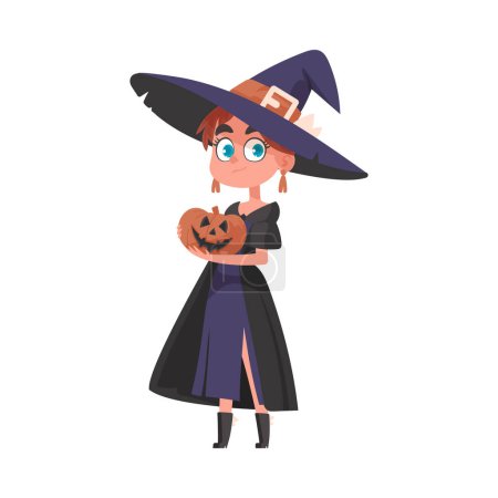 A young girl is dressed as a scary witch and is holding a pumpkin. Halloween theme means the stuff and fun stuff linked to Halloween.