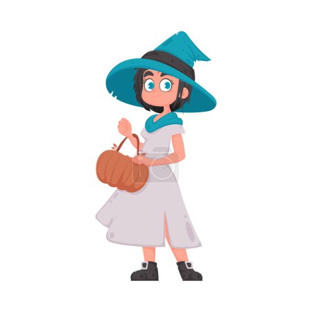 Photo for A young girl is dressed as a witch and she is holding a pumpkin that is very colorful. Halloween is a special idea or subject. Cartoon style, Vector Illustration - Royalty Free Image